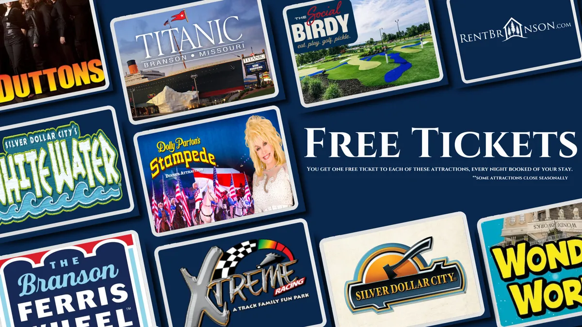 A vibrant interior sign announces 'Free Tickets' alongside colorful graphics and logos of Branson’s top attractions and entertainment venues, reflecting the excitement and variety of local experiences awaiting guests.